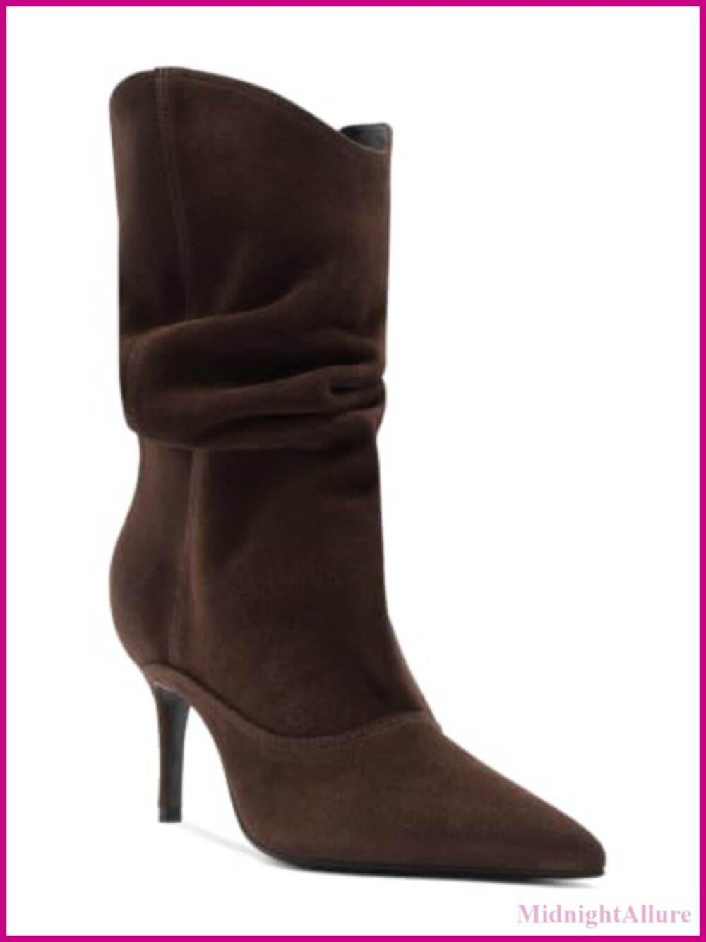 Faux Suede Slouch Mid Calf Boots Pointed Toe Stiletto Heel Pull-On